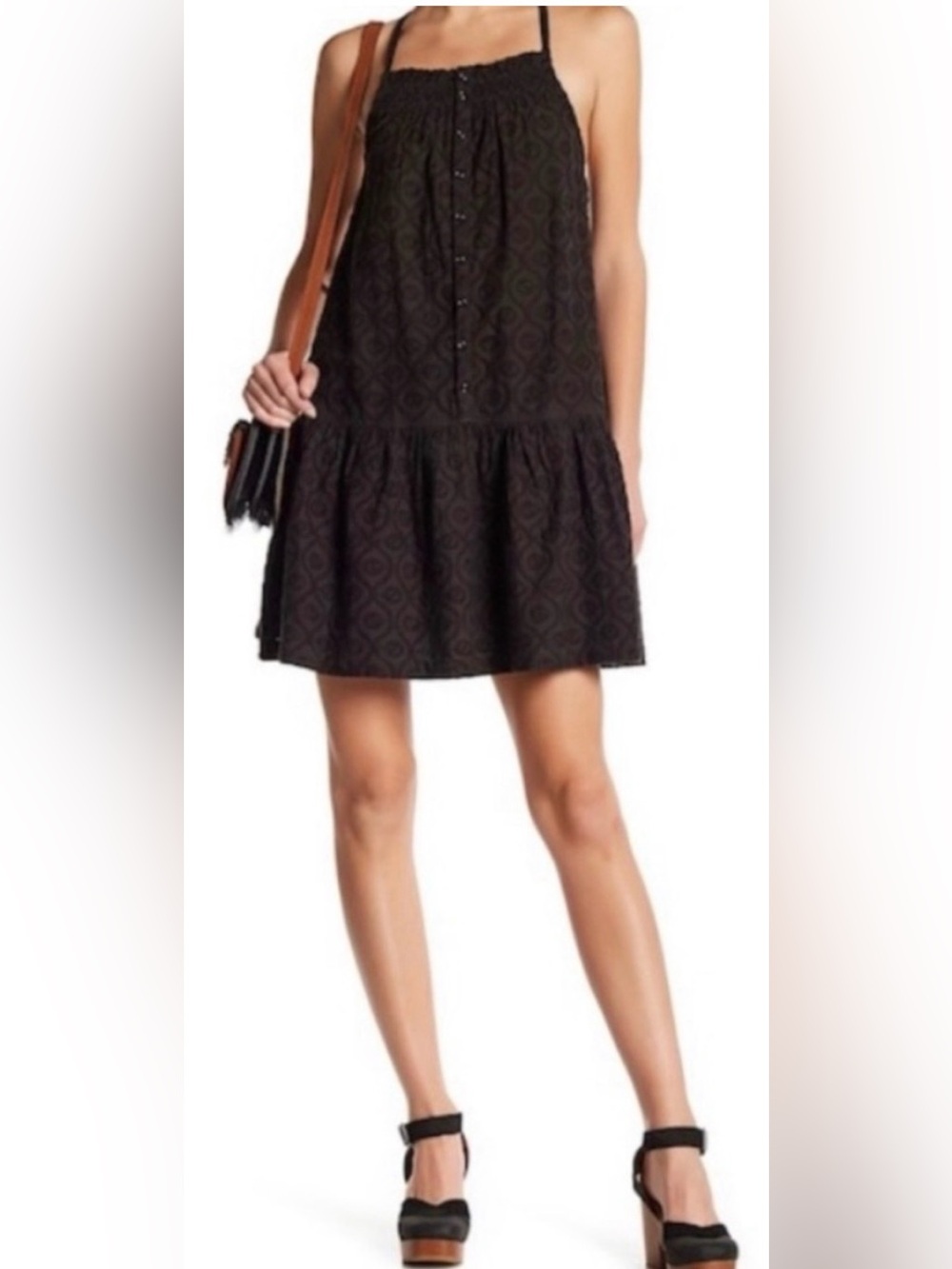 Current/Elliott Black Textured Spaghetti-Strap Mini Dress